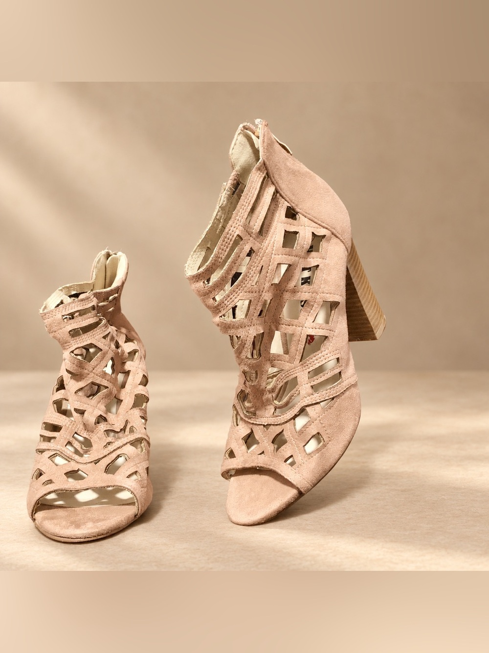 Hot Kiss Blush Pink/Tan Cutout Peep-Toe Bootie Heels | Size (8)